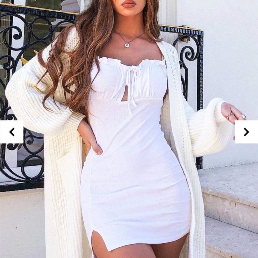White ribbed tie split side mini dress